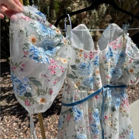 Teuta Matoshi- Cerulean Wildflower Floral Puff Sleeve Dress with Blue Accents - Picture 3 of 8